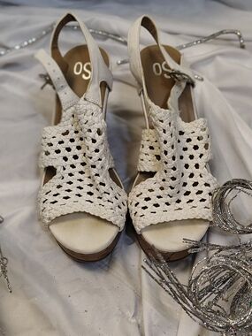 SO Cream Woven Wedge Slingback Sandals